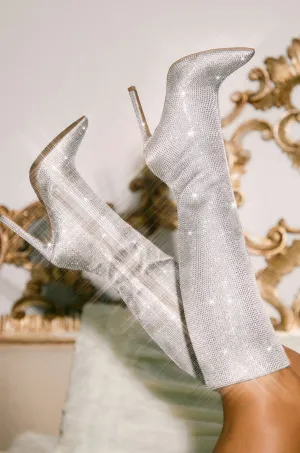 After Party Embellished High Heel Boots - Silver