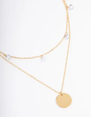 Gold Plated Stainless Steel Cubic Zirconia Droplet & Disc Necklace