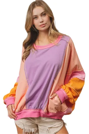 TEEK - Lavender Peach Fuchsia Color Block Exposed Seam Pocketed Sweatshirt